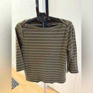 Lauren Ralph Lauren Striped Long Sleeve Top – Olive Green/White, Women’s XL